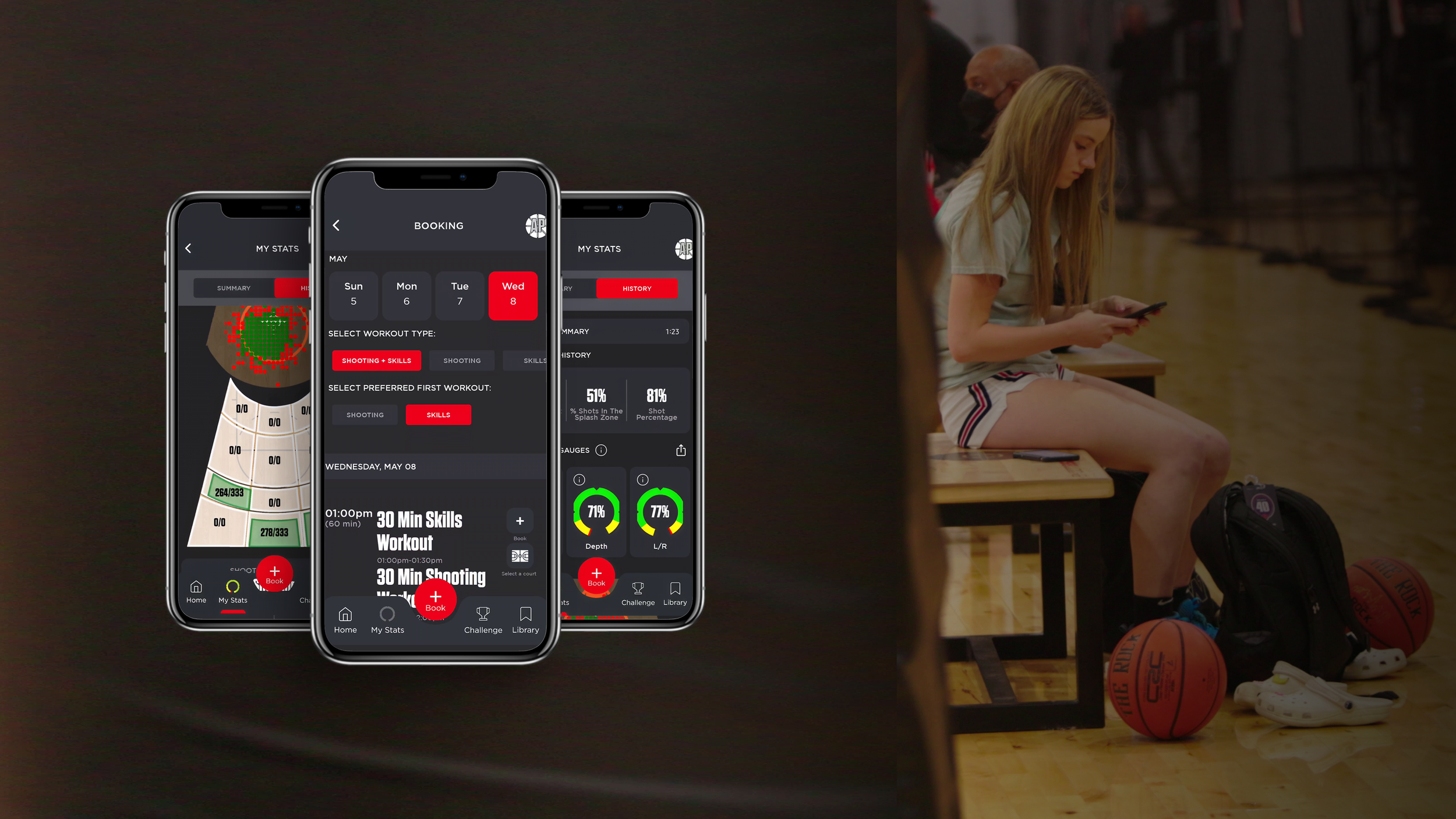 Shoot 360 mobile app showing booking and stats